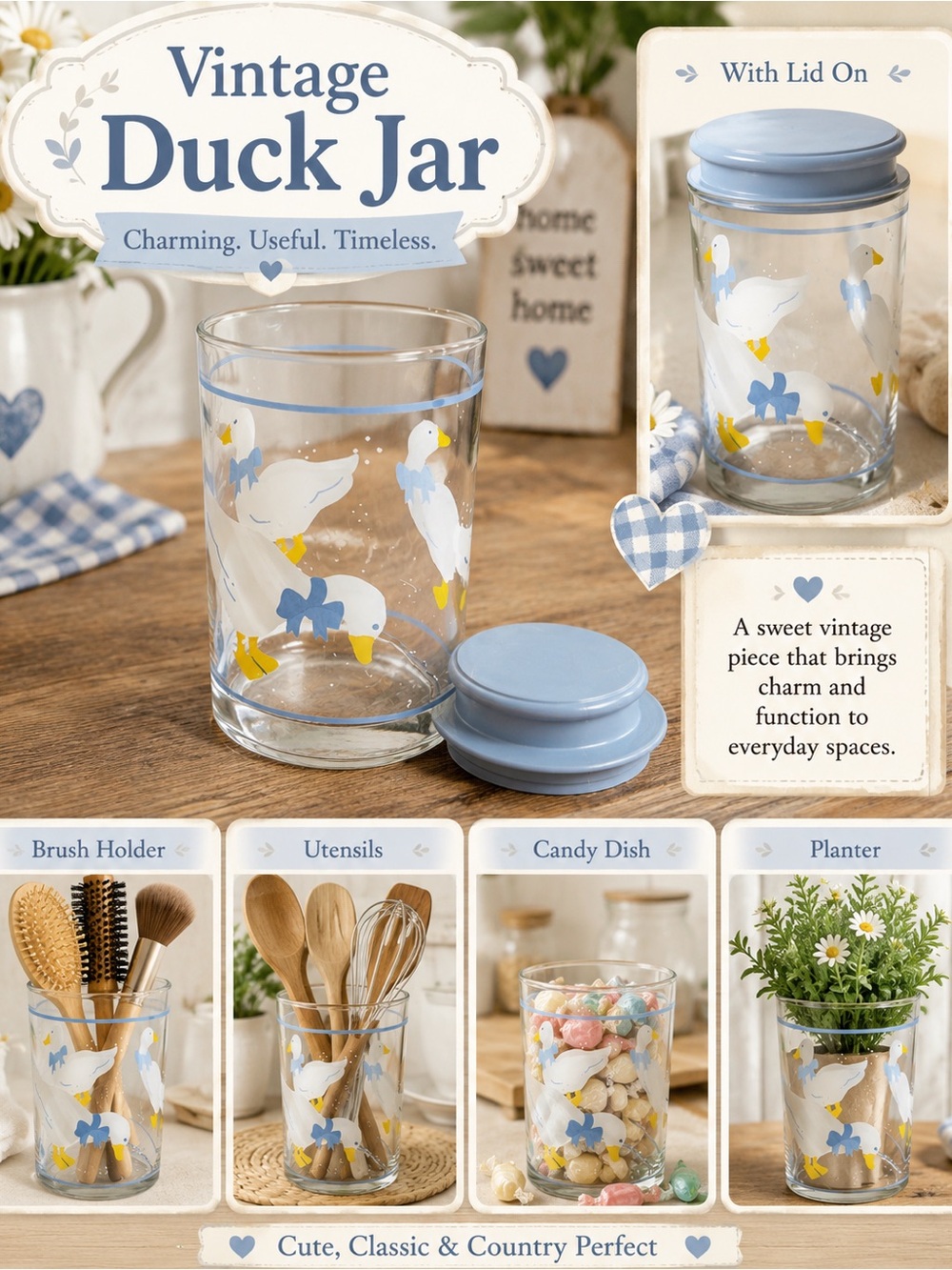 Source Unknown Blue and White Duck Glass Jar with Lid